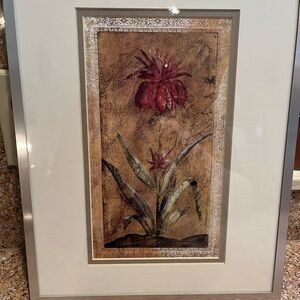 Vintage Framed Floral Art Print in Silver and Brown 11” x14”